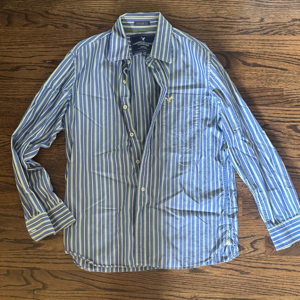 American Eagle Outfitters Blue and White Casual Button Down Shirt